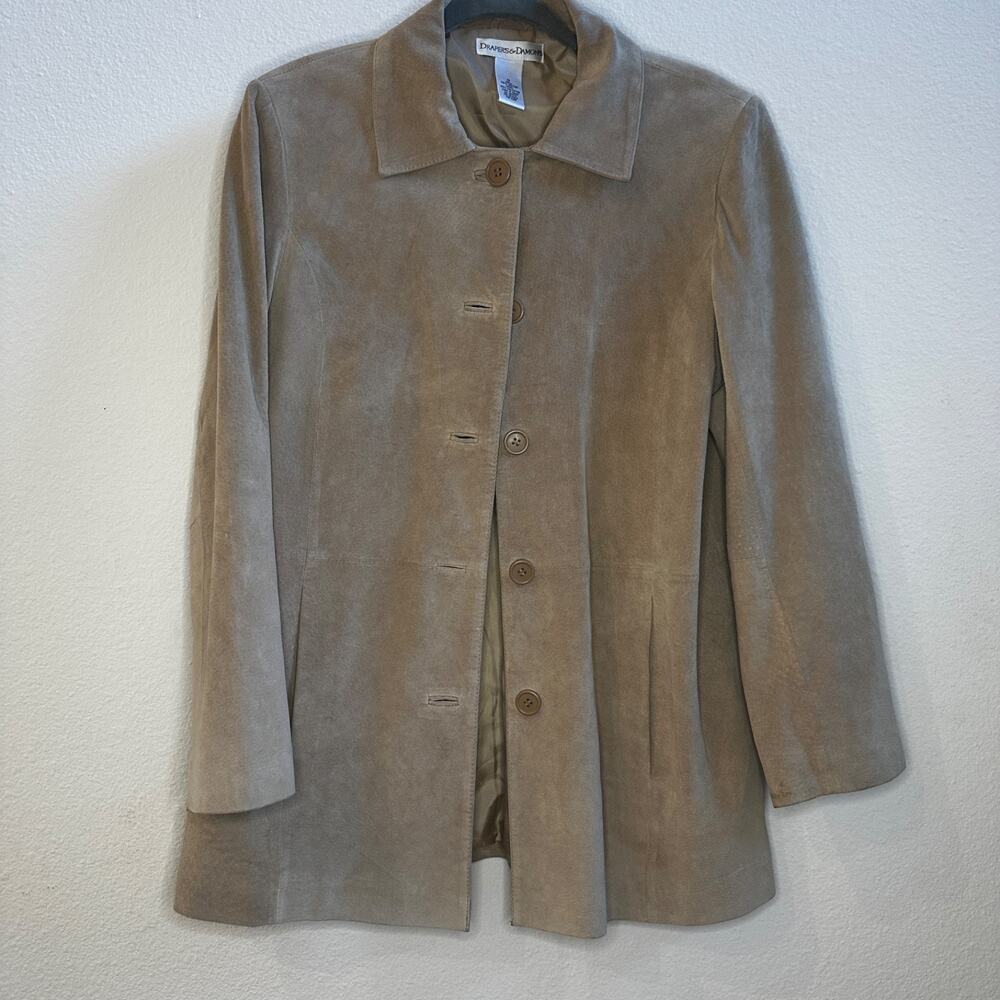 Vintage Suede Leather Jacket Beige Minimalist Button Front Coat Medium